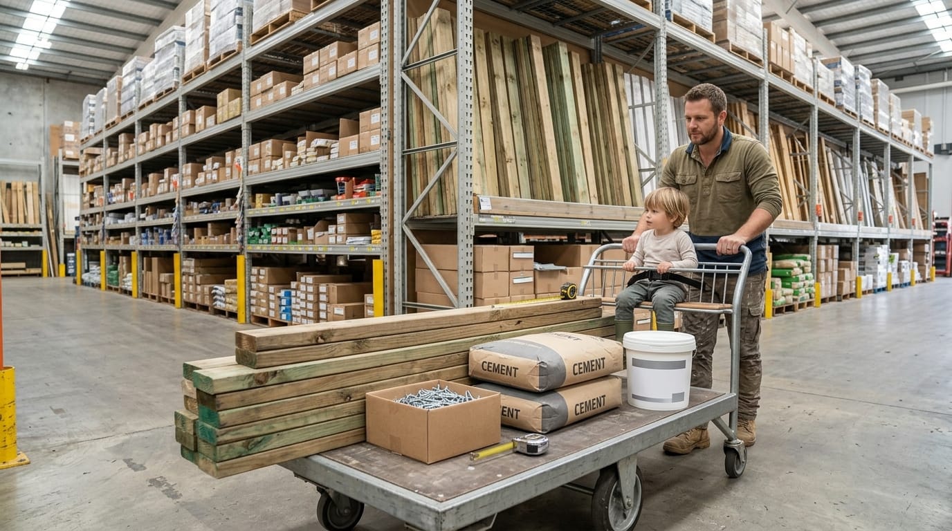 A parent pushing a hardware trolley loaded with timber and supplies